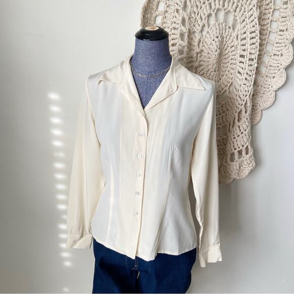 Vintage 90s Minimalist Cream Button-Up Women's Top Size 6 - Picture 1 of 4